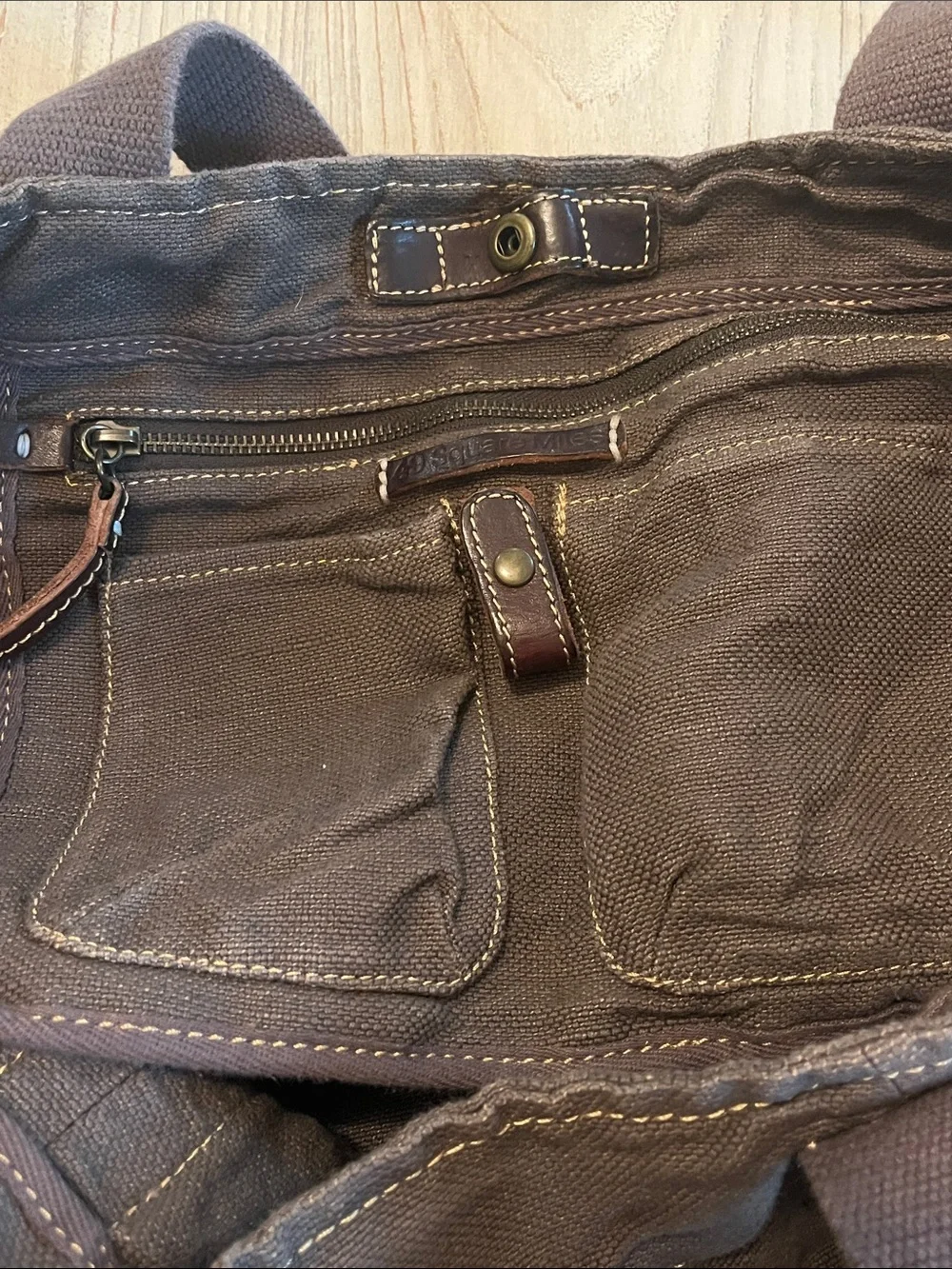 49 square miles chocolate brown Canvas Tote Bag with leather accents
